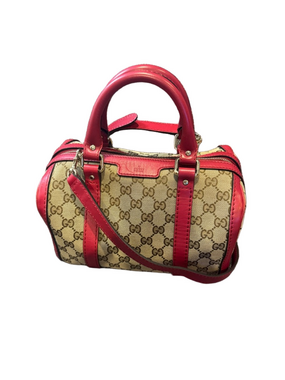 Gucci Beige GG Canvas  Mini Boston Bag with Red Trim
